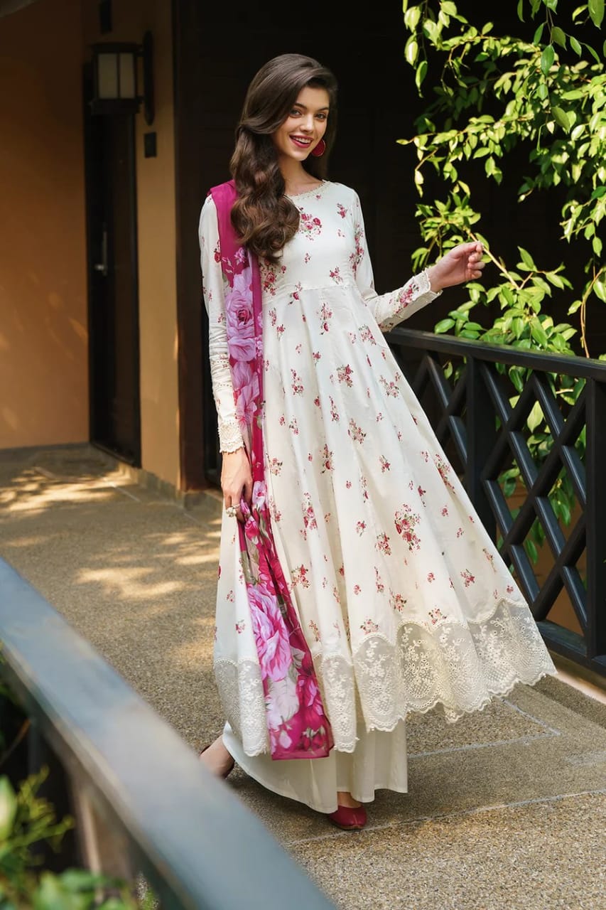 3 Piece Unstitched Digital Printed Embroidered Lawn Suit with Printed Chiffon Dupatta