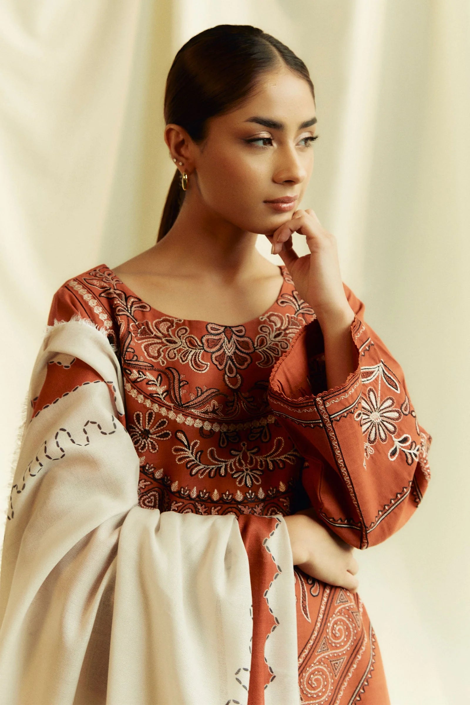 3 Piece Unstitched Heavy Embroidered Dhanak Suit with Printed Woolen Shawl