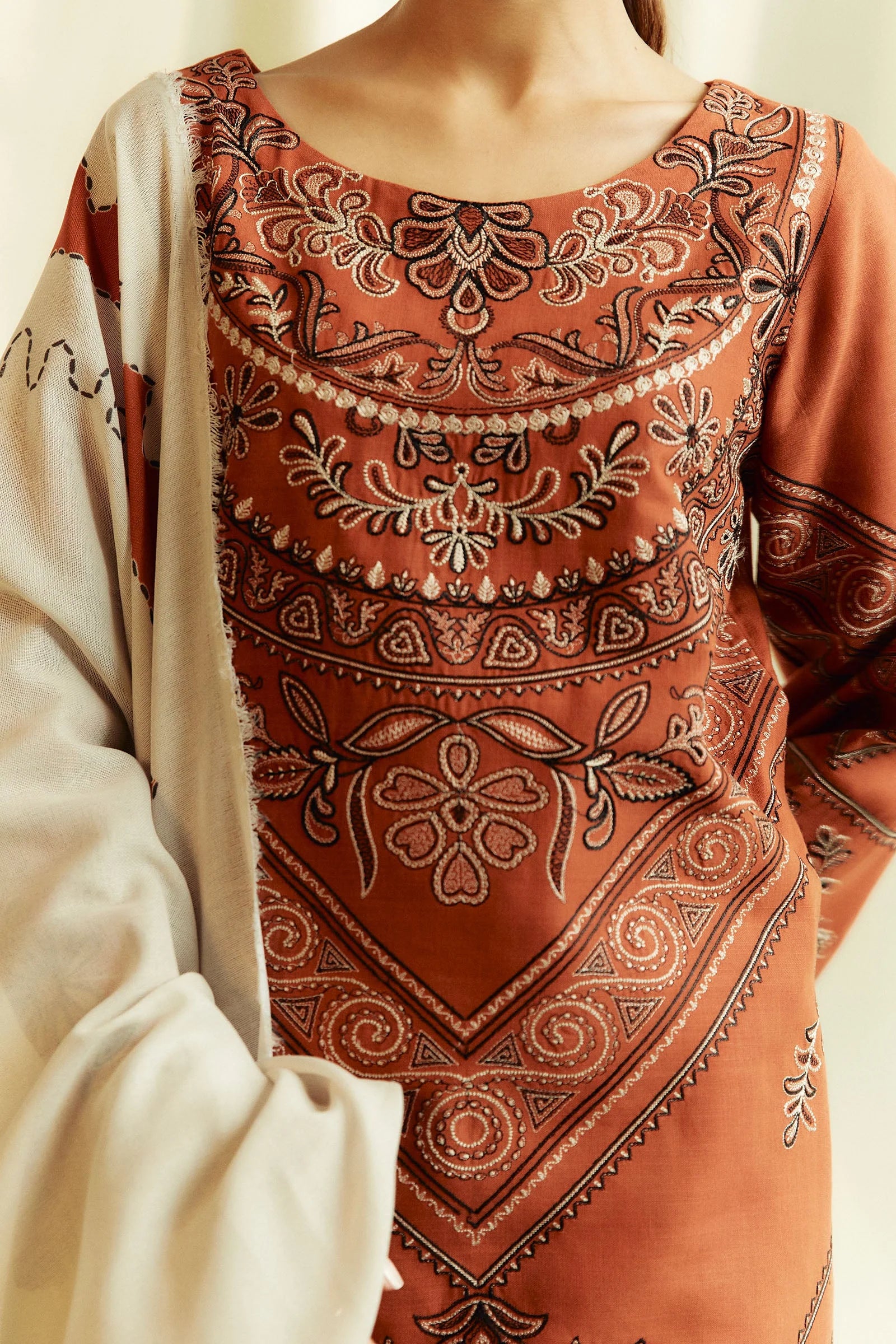 3 Piece Unstitched Heavy Embroidered Dhanak Suit with Printed Woolen Shawl