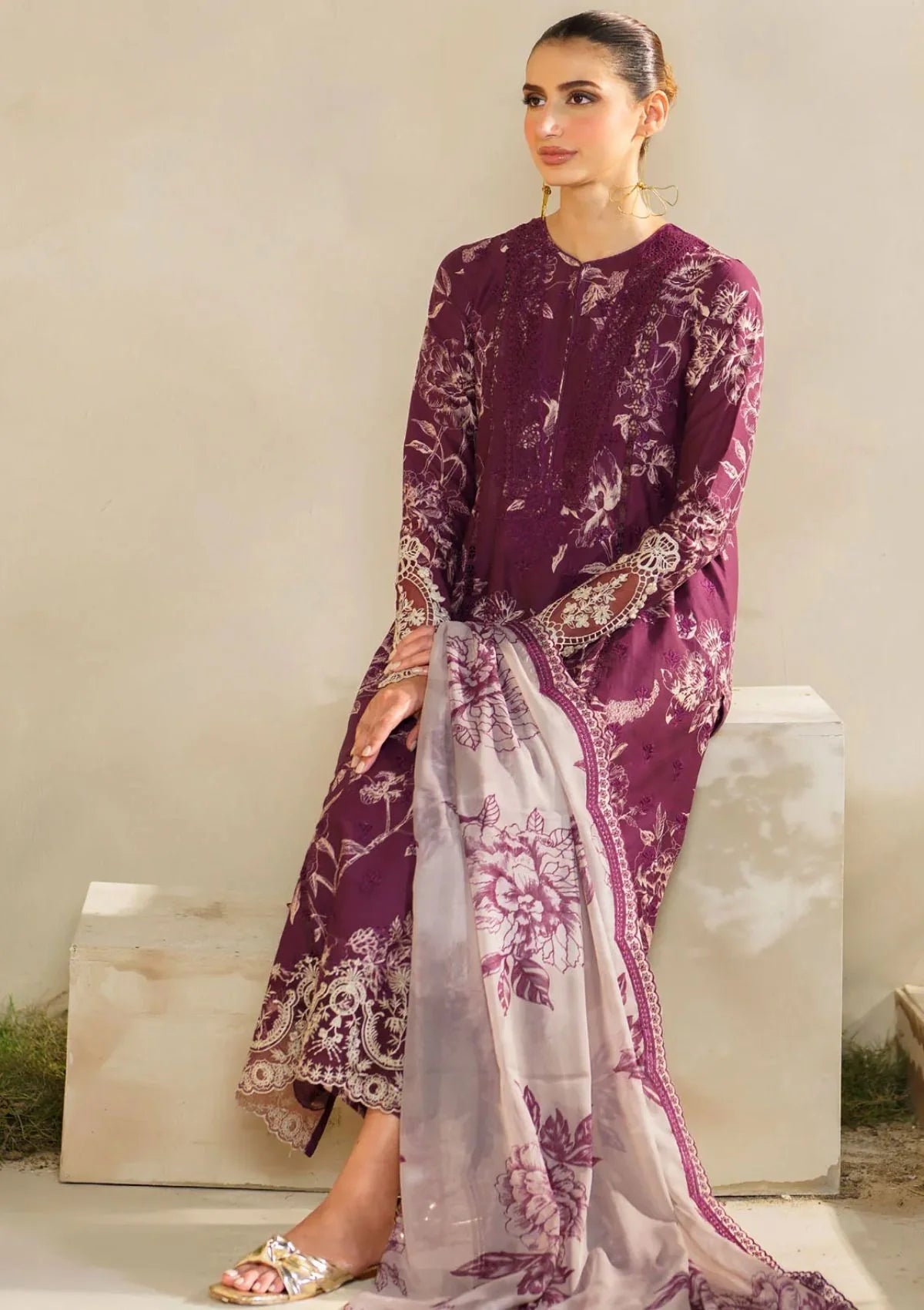 3 Piece Unstitched Digital Printed Embroidered Lawn Suit with Printed Chiffon Dupatta