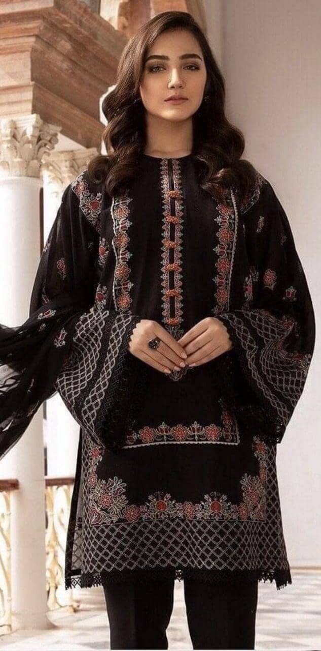3 Piece Unstitched Heavy Embroidered Lawn Suit With Heavy Embroidered Bamber Chiffon Dupatta