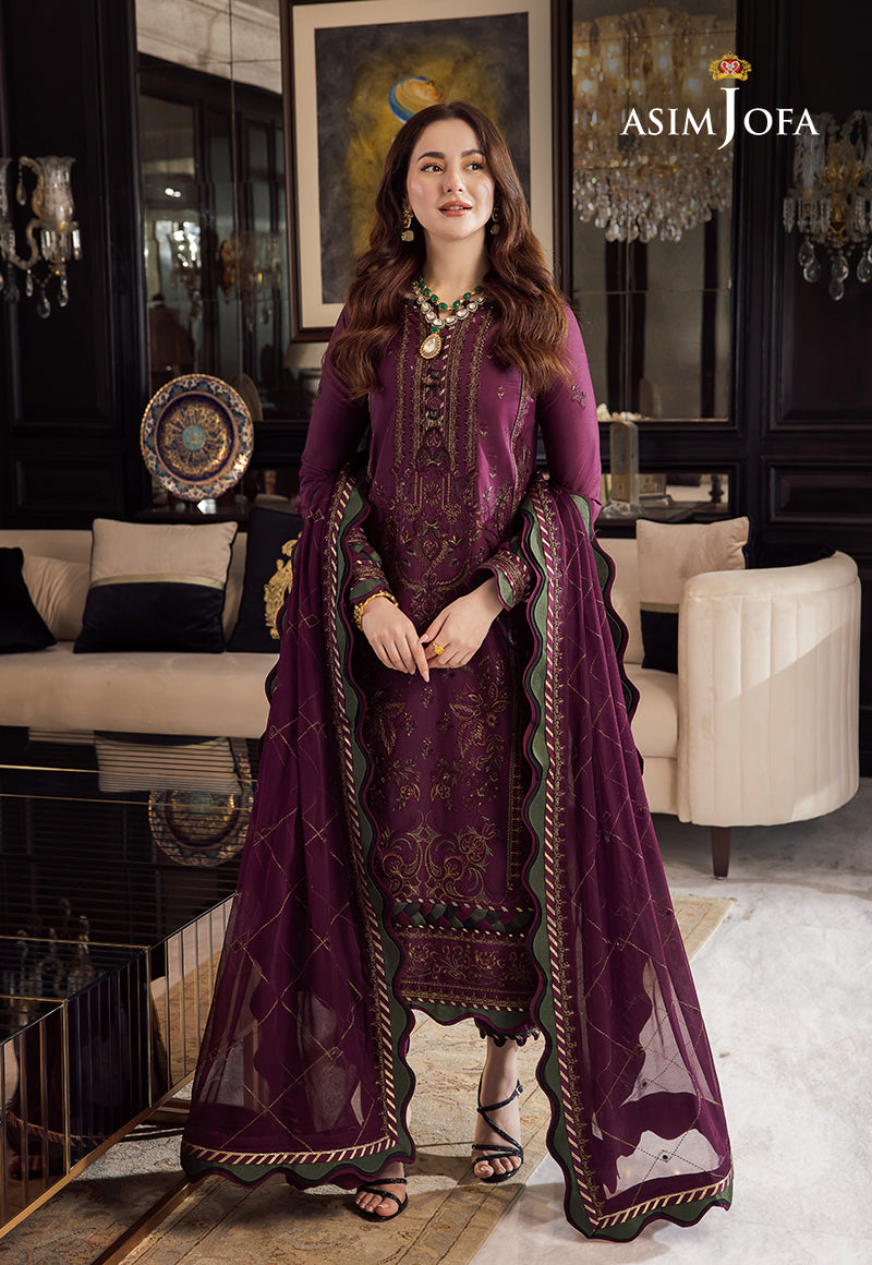 ASIM JOFA-3PC DHANAK EMBROIDERED SHIRT WITH DHANAK EMBROIDERED SHAWL & DHANAK TOUSER