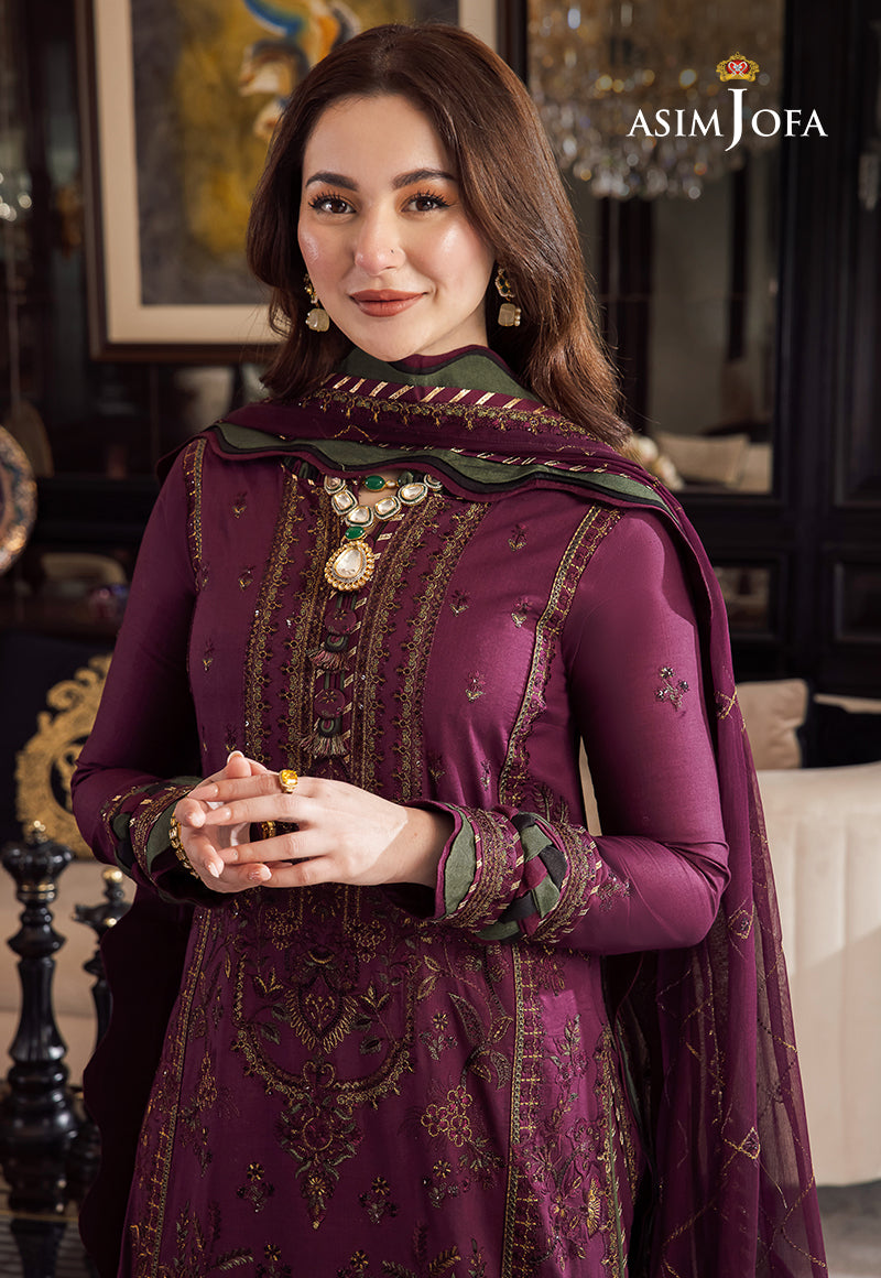 ASIM JOFA-3PC DHANAK EMBROIDERED SHIRT WITH DHANAK EMBROIDERED SHAWL & DHANAK TOUSER