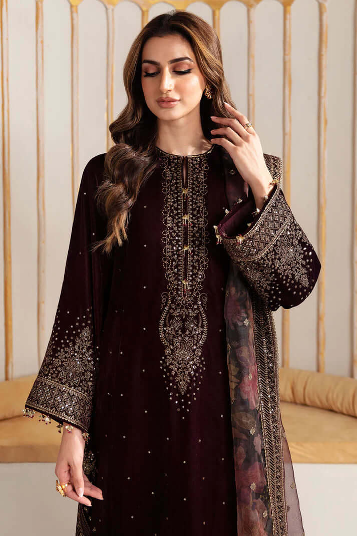 Unstitched 3PCs Velvet Embroidered Dress With Embroidered Organza Dupatta