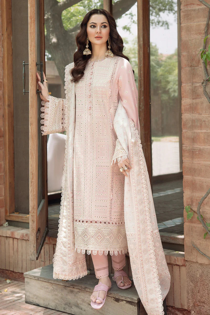JAZMIN-3PC LAWN LASERCUT EMBROIDERED SHIRT WITH MONARK EMBROIDERED DUPATTA AND TROUSER