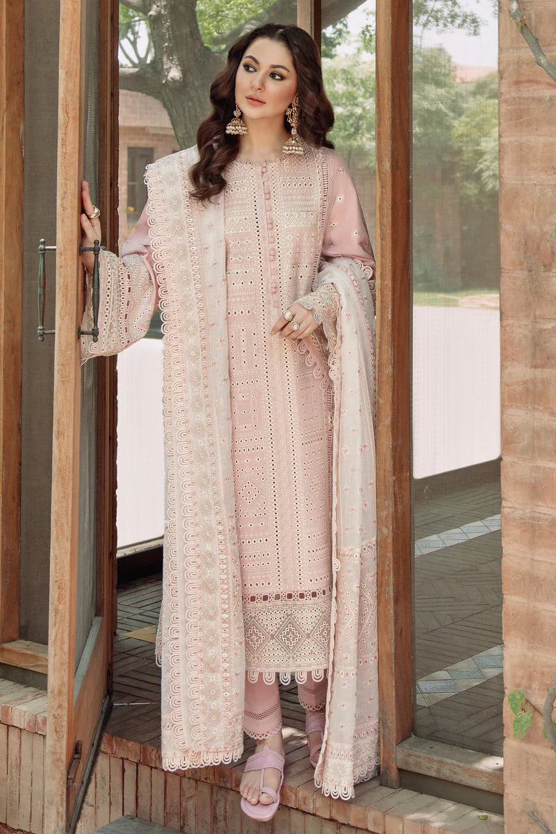 JAZMIN-3PC LAWN LASERCUT EMBROIDERED SHIRT WITH MONARK EMBROIDERED DUPATTA AND TROUSER