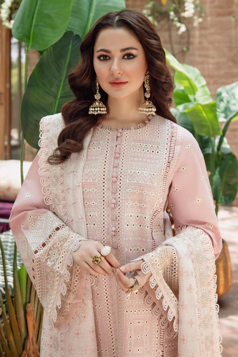 JAZMIN-3PC LAWN LASERCUT EMBROIDERED SHIRT WITH MONARK EMBROIDERED DUPATTA AND TROUSER