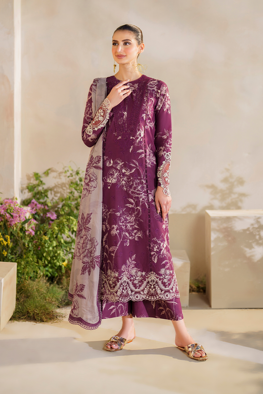 3 Piece Unstitched Digital Printed Embroidered Lawn Suit with Printed Chiffon Dupatta