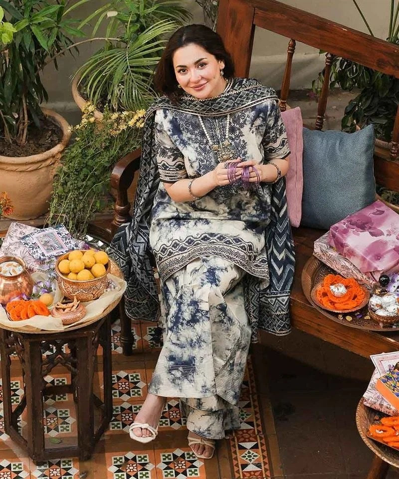 SHAPPHIRE-3PC DHANAK PRINTED EMB SHIRT WITH DHANAK PRINTED DUPATTA AND PRINTED TROUSER