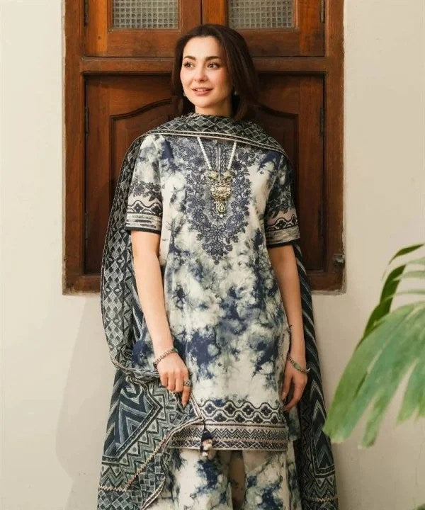 SHAPPHIRE-3PC DHANAK PRINTED EMB SHIRT WITH DHANAK PRINTED DUPATTA AND PRINTED TROUSER