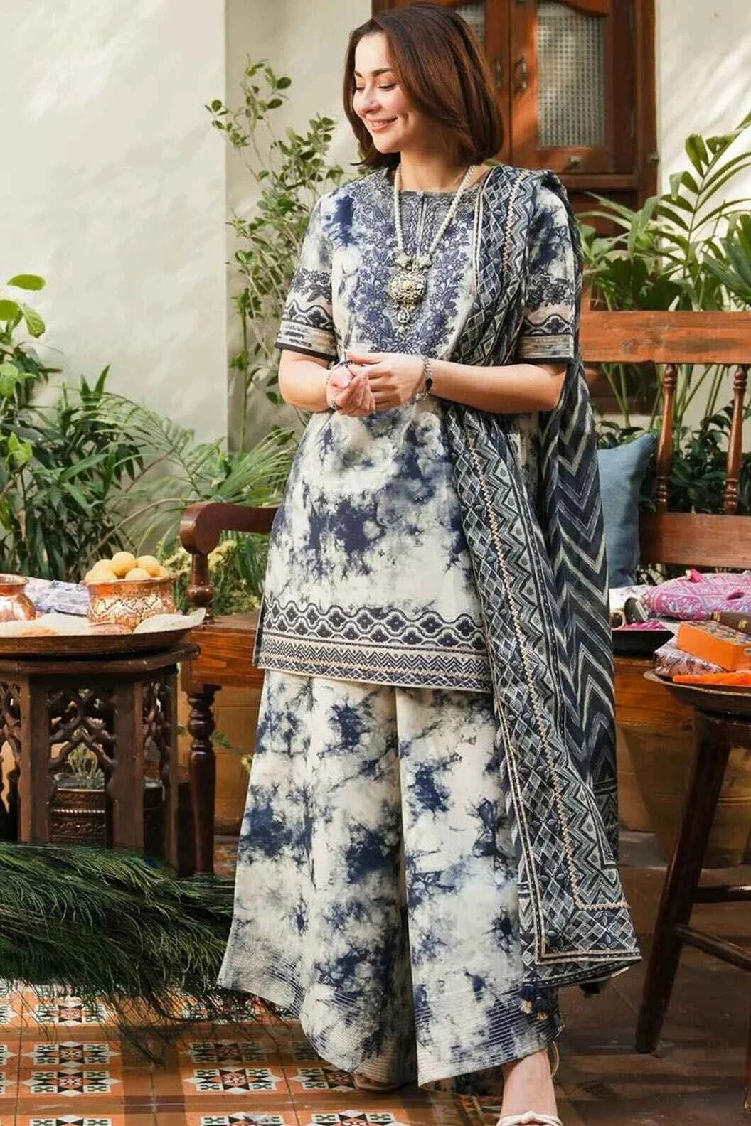 SHAPPHIRE-3PC DHANAK PRINTED EMB SHIRT WITH DHANAK PRINTED DUPATTA AND PRINTED TROUSER