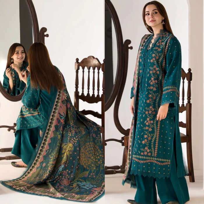 3 Piece Unstitched Heavy Embroidered Pure Lawn Suit with Printed  Dupatta